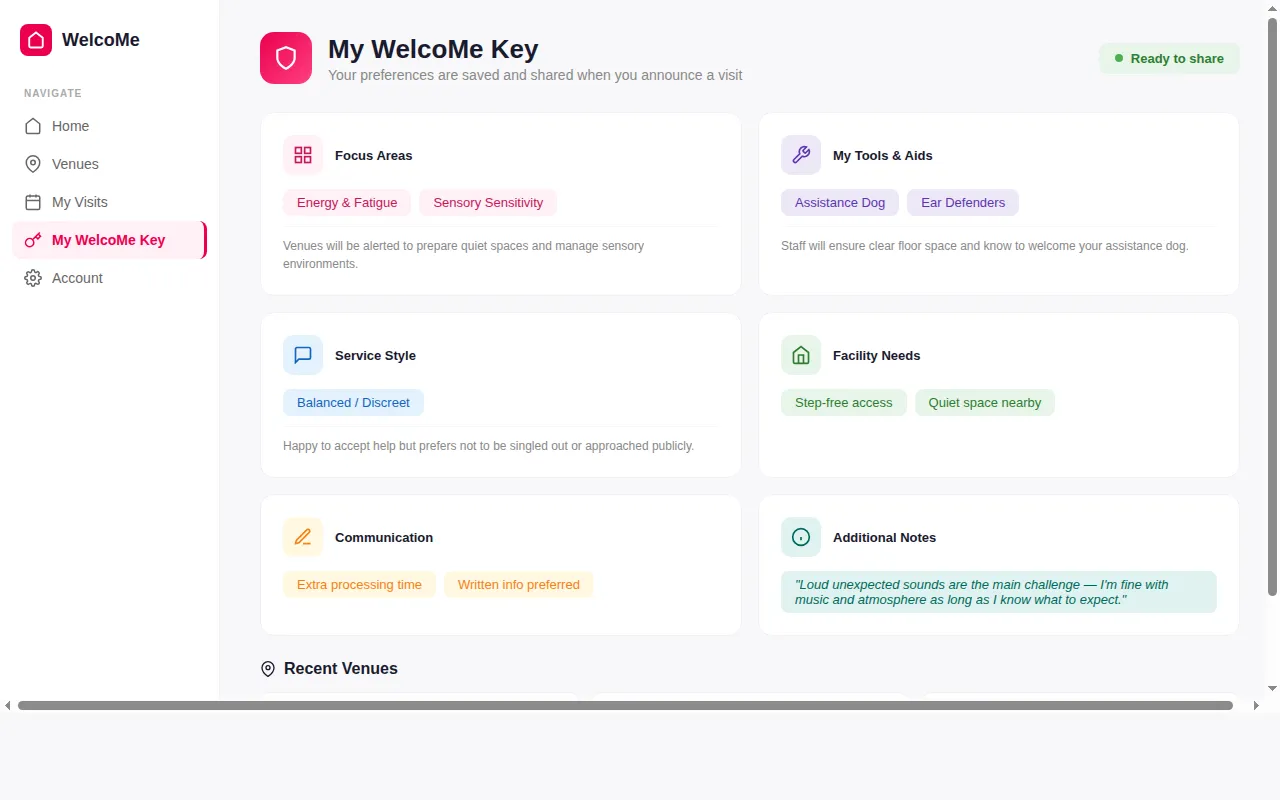 WelcoMe Key page where visitors set their accessibility profile and needs
